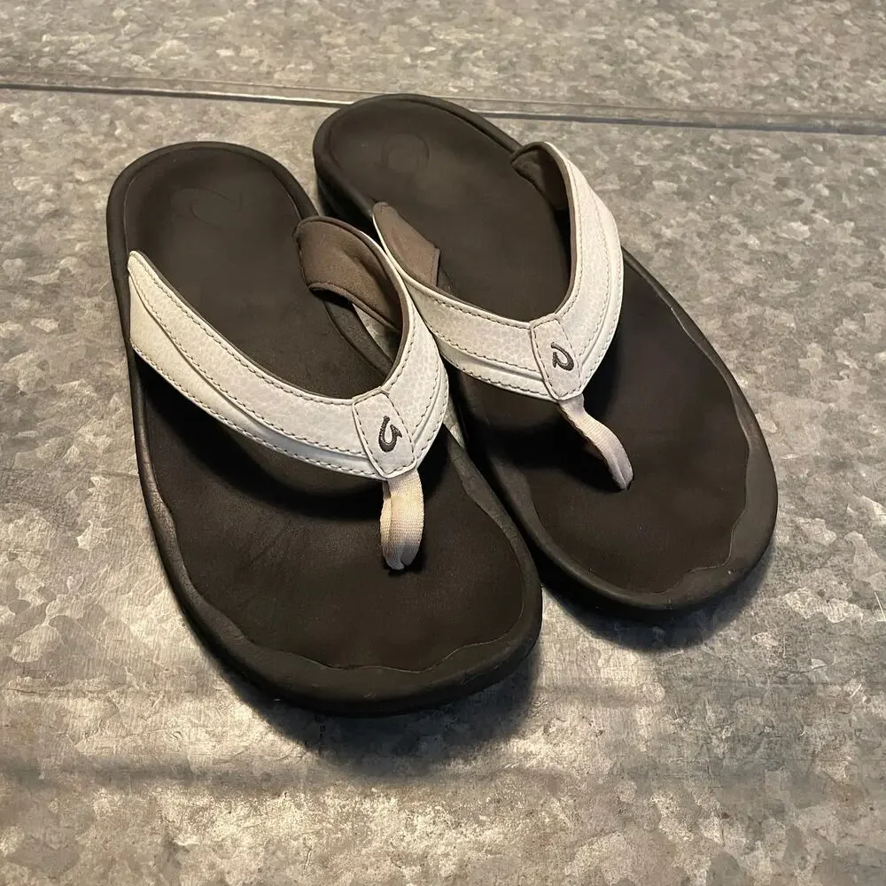 OluKai Womens Ohana Flip Flop Thong Sandals Sz 9 White Black Comfort 20110-4R40